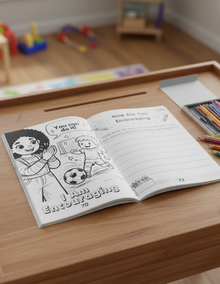 Open book with coloring page on a wooden table with toys in the background