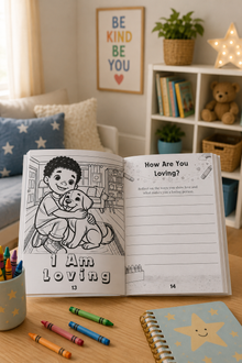 Coloring book open on a table with crayons and a cozy room setting