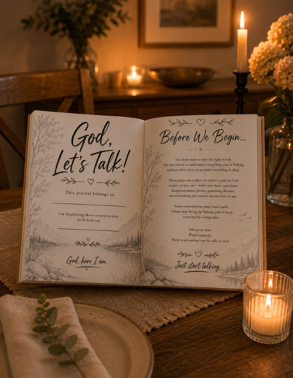 An open journal or prayer book laid on a wooden table, with two pages visible. The left page has large script text reading 'God, Let's Talk!' and the right page has smaller text starting 'Before We Begin.