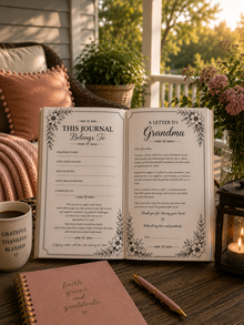 An open journal spread displayed on a rustic wooden table, surrounded by cozy home decor props including a pink mug, a pink notebook, a pen, and a lit candle, with a porch and garden in the background.