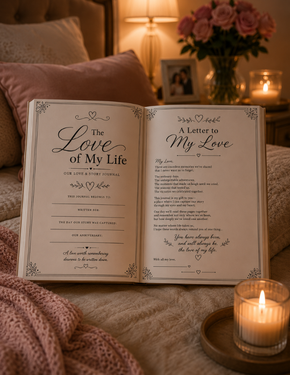 An open wedding keepsake book displaying 'The Love of My Life' and 'A Letter to My Love' in elegant black script on cream pages, styled on a bed with a pink knit blanket, a lit candle, and a blurred background of a lamp and flowers.