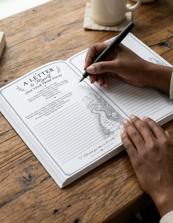 A person writing in an open journal on a rustic wooden table. The journal page shows a letter template titled 'A LETTER to Myself One Year From Now' with elegant black text and line art, and the person holds a black pen.