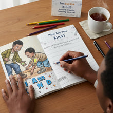 Person coloring a book titled 'How Are You Kind?' with pencils and a cup of tea on a wooden table.