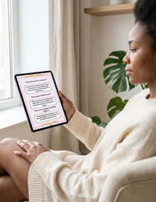 Woman sitting in a cozy room using a tablet with a white background