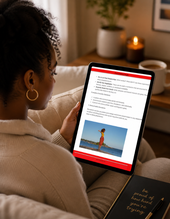 Woman sitting on a couch holding a tablet with a scenic image and text.