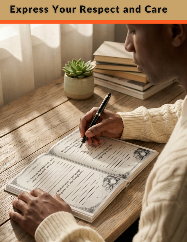Person writing in a notebook on a wooden table with books and a plant in the background.