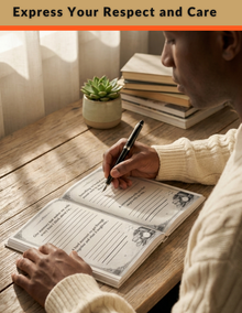 Person writing in a notebook on a wooden table with books and a plant in the background.