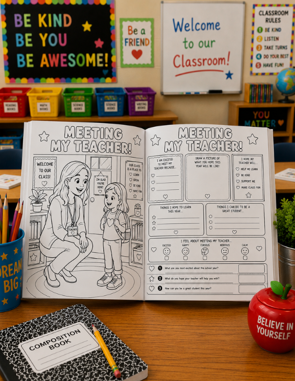 Open book titled 'Meeting My Teacher' on a classroom desk with educational posters and supplies.