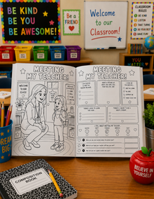 Open book titled 'Meeting My Teacher' on a classroom desk with educational posters and supplies.