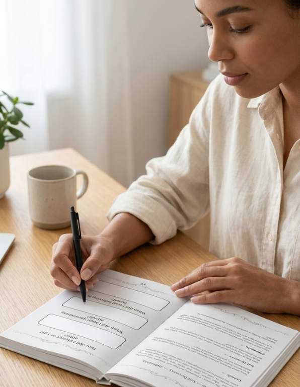 A woman in a cream linen shirt sits at a wooden desk, writing in an open notebook with a black pen. A beige ceramic mug and a small potted plant are on the desk in a softly lit room. Writing inside This is for me mental health self discovery journal