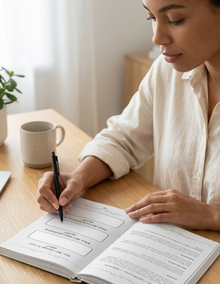 A woman in a cream linen shirt sits at a wooden desk, writing in an open notebook with a black pen. A beige ceramic mug and a small potted plant are on the desk in a softly lit room. Writing inside This is for me mental health self discovery journal
