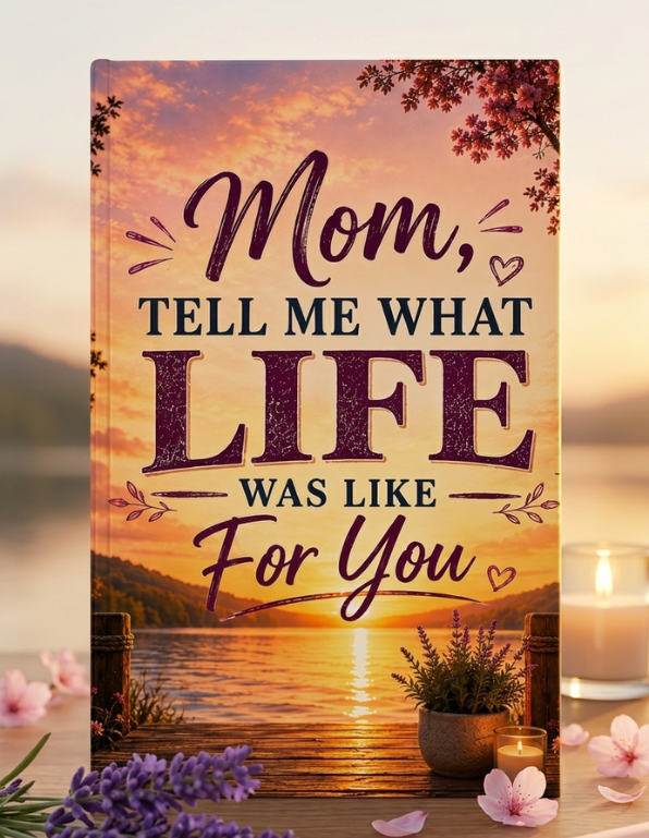 A decorative sign or print featuring the quote 'Mom, TELL ME WHAT LIFE WAS LIKE For You' over a sunset lake scene. The sign is shown standing upright in a styled setting with flowers, candles, and a softly blurred background.