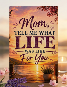 A decorative sign or print featuring the quote 'Mom, TELL ME WHAT LIFE WAS LIKE For You' over a sunset lake scene. The sign is shown standing upright in a styled setting with flowers, candles, and a softly blurred background.