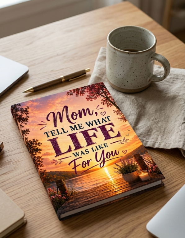 Notebook with a sunset design and text on a wooden table with a mug and pen.