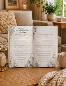Open book with questionnaire pages on a wooden table in a cozy living room.