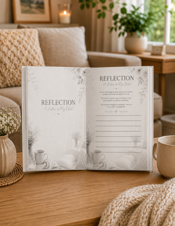 Open book titled 'Reflection' on a wooden table with a cozy living room background.