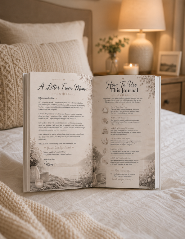 Open journal on a bed with a warm, cozy background