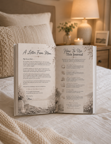 Open journal on a bed with a warm, cozy background