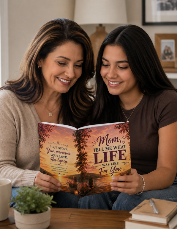 Two women sitting together and reading a printed book with a warm sunset cover that reads, 'Mom, TELL ME WHAT LIFE WAS LIKE For You.' The scene is indoors with a table, mug, plant, and framed wall art visible in the background.