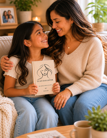 Woman and young girl sitting together holding a book in a cozy living room.