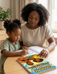 Woman and child coloring together with a book titled 'Color Me Confident'.