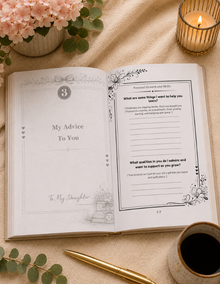 An open printed booklet or journal spread laid on a beige fabric surface, surrounded by pink flowers, a lit candle in a gold holder, a gold pen, and a cup of dark coffee. The pages show decorative borders and handwritten text, including the title 'My Advice To You' and page number 23.