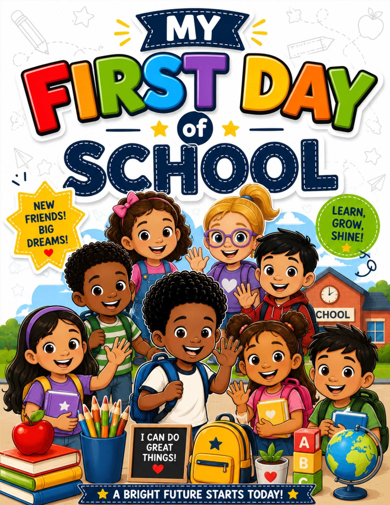 Book cover of 'My First Day of School' with cartoon children and school elements.
