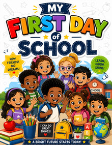 Book cover of 'My First Day of School' with cartoon children and school elements.
