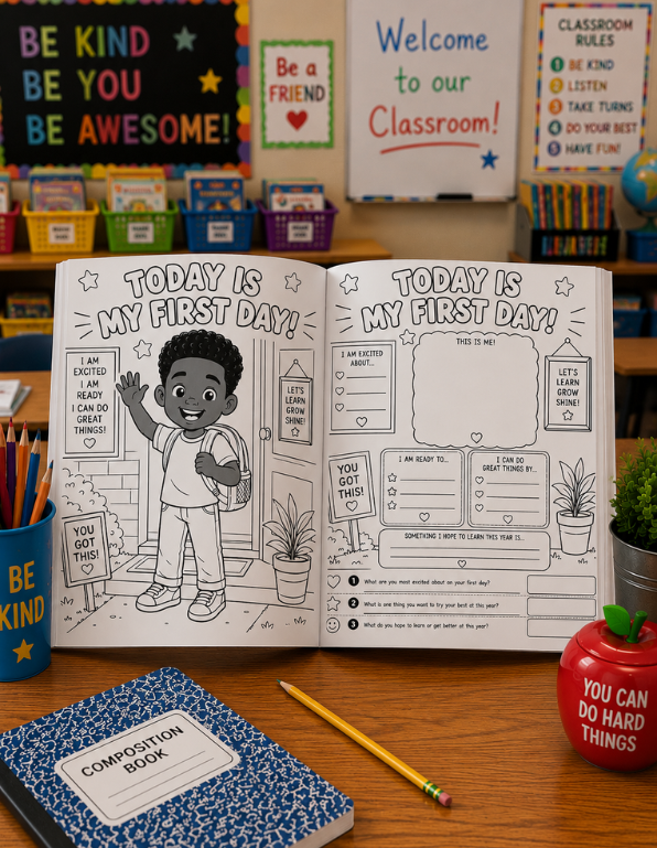 Open book titled 'Today is My First Day' on a classroom desk with educational posters and supplies.