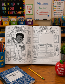 Open book titled 'Today is My First Day' on a classroom desk with educational posters and supplies.