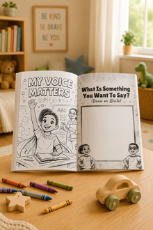 Open book titled 'My Voice Matters' with coloring pages on a wooden table with crayons and a toy car.