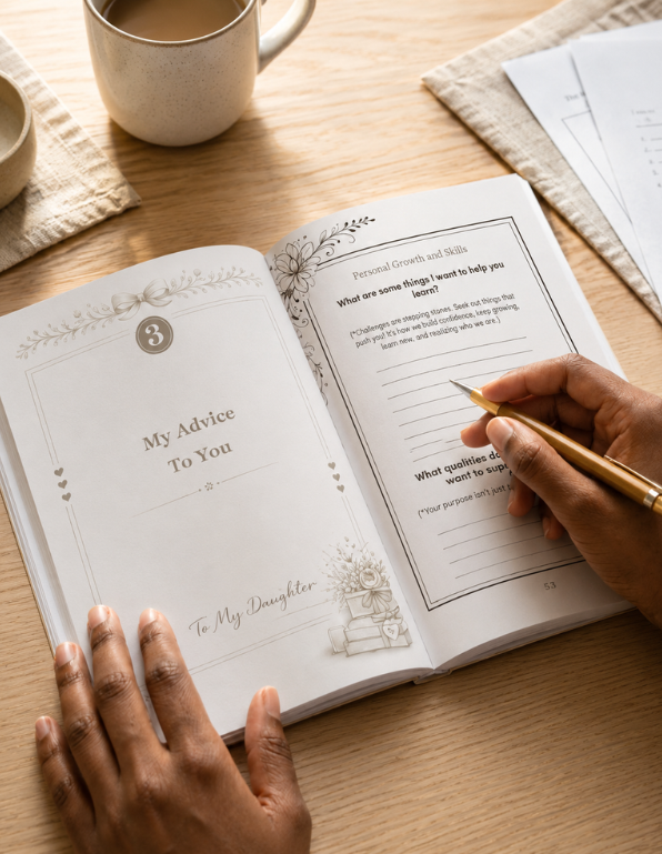 Person writing in a book titled 'My Advice To You' on a wooden table with a cup of coffee.