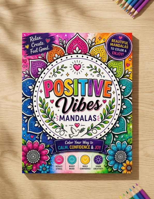 A colorful 'Positive Vibes Mandalas' coloring book is displayed flat on a light wood background, surrounded by colored pencils. The cover features intricate mandala designs in a vibrant multicolor palette with the title 'POSITIVE Vibes MANDALAS' in the center.