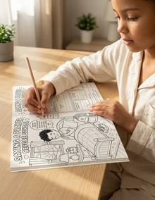 Child coloring a picture of a family on a coloring book with a pencil. Saying a prayer before school page