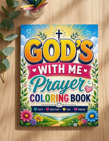 A colorful 'God's With Me Prayer Coloring Book' displayed flat on a light wood tabletop, surrounded by decorative eucalyptus leaves and a pencil cup.