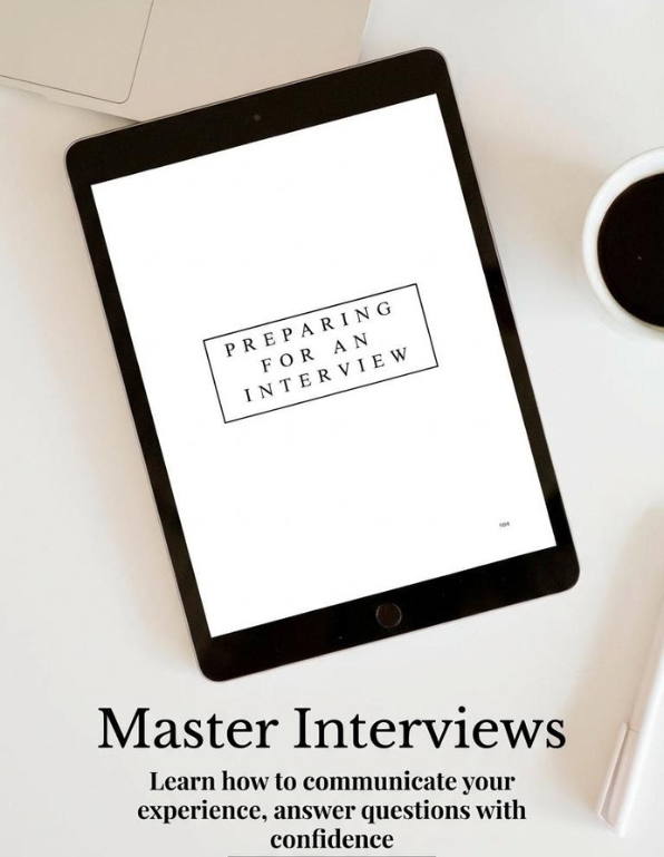 Tablet displaying 'Preparing for an Interview' on a white surface with a coffee cup.