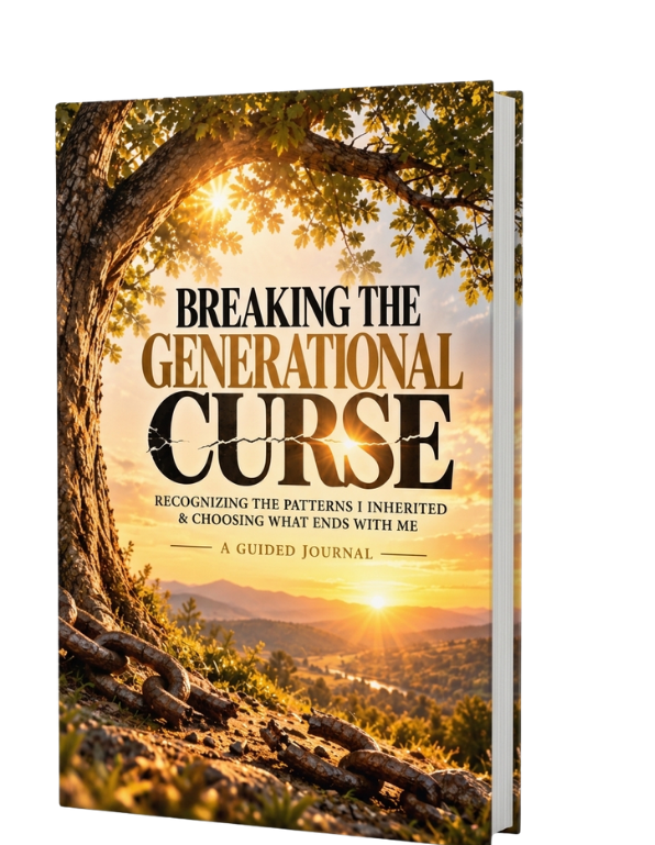 A guided journal titled 'Breaking the Generational Curse' shown as a 3D mockup. The cover features a scenic photograph of a tree trunk and branches framing a warm sunset over a valley, with bold black and gold typography.