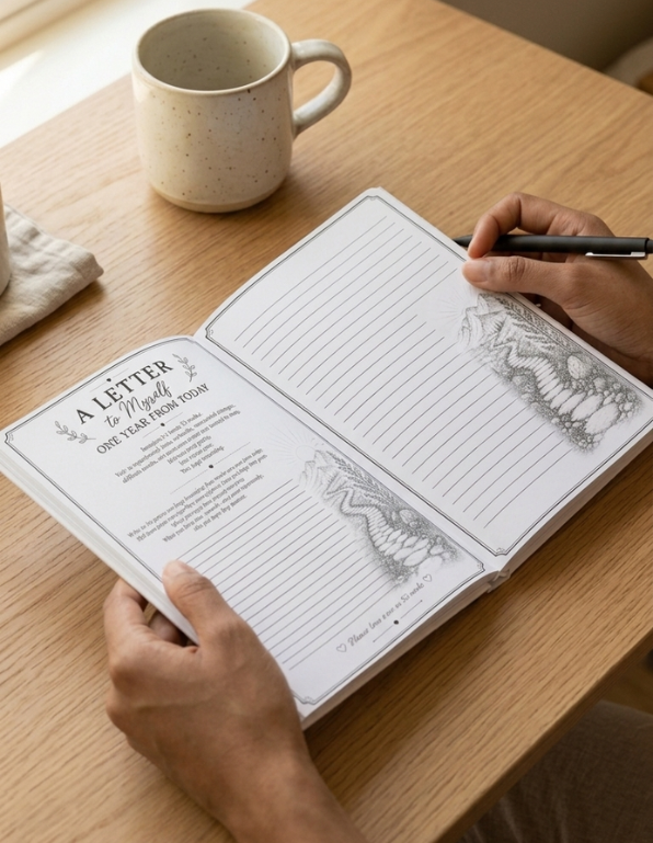 An open lined journal with a letter-writing page displayed on a wooden table, with a person holding the pages and a pen. A speckled ceramic mug sits nearby near a window.