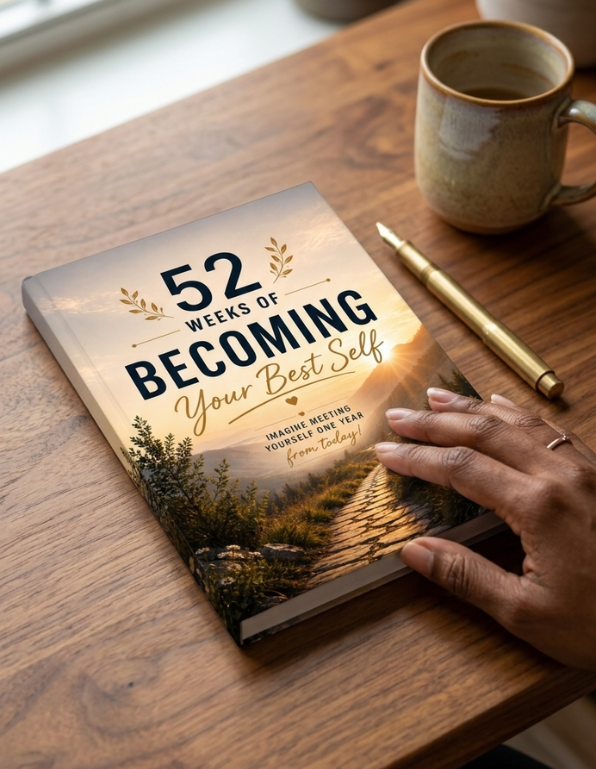 A hardcover journal titled '52 Weeks of Becoming Your Best Self' lies open on a wooden table, with a hand resting on the cover. A ceramic mug and a gold pen sit nearby in a warm, natural setting.