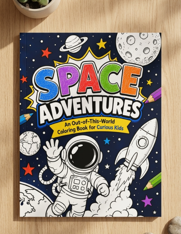A children's coloring book titled 'SPACE ADVENTURES' lies on a light wood tabletop. The cover features a dark blue space background with colorful title lettering, an astronaut, a rocket, planets, stars, and pencils.