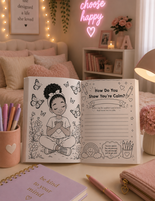 Coloring book open on a table with stationery items in a cozy room setting. Stay Calm Coloring Page