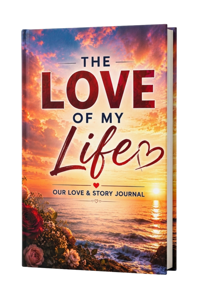 A hardcover journal titled 'The Love of My Life' featuring a romantic sunset ocean cover design with flowers in the foreground, shown on a plain white background.