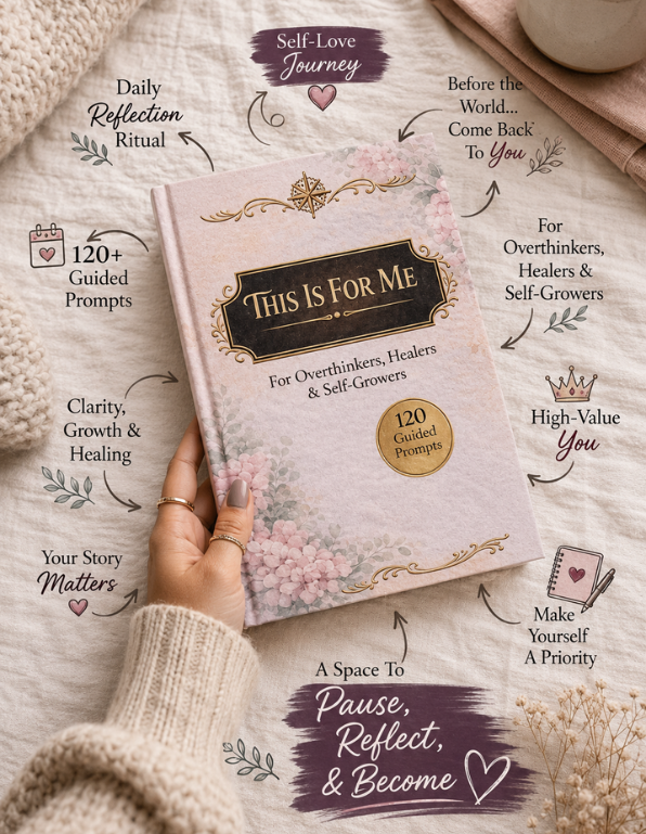A hand holds a pink journal titled 'This Is For Me' with gold decorative borders and floral artwork. The scene is styled on a cream knit blanket with surrounding text callouts and arrows promoting self-love, reflection rituals, guided prompts, clarity, and high value.
