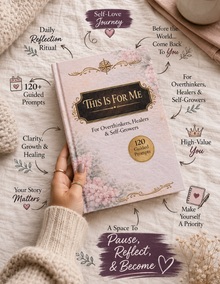 A hand holds a pink journal titled 'This Is For Me' with gold decorative borders and floral artwork. The scene is styled on a cream knit blanket with surrounding text callouts and arrows promoting self-love, reflection rituals, guided prompts, clarity, and high value.