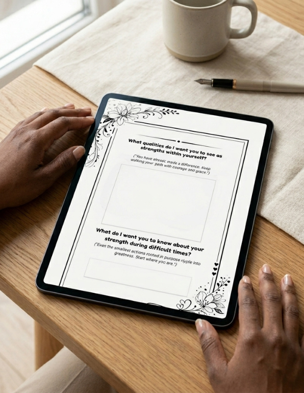 Person using a tablet with a self-help app on a wooden table with a mug and pen.