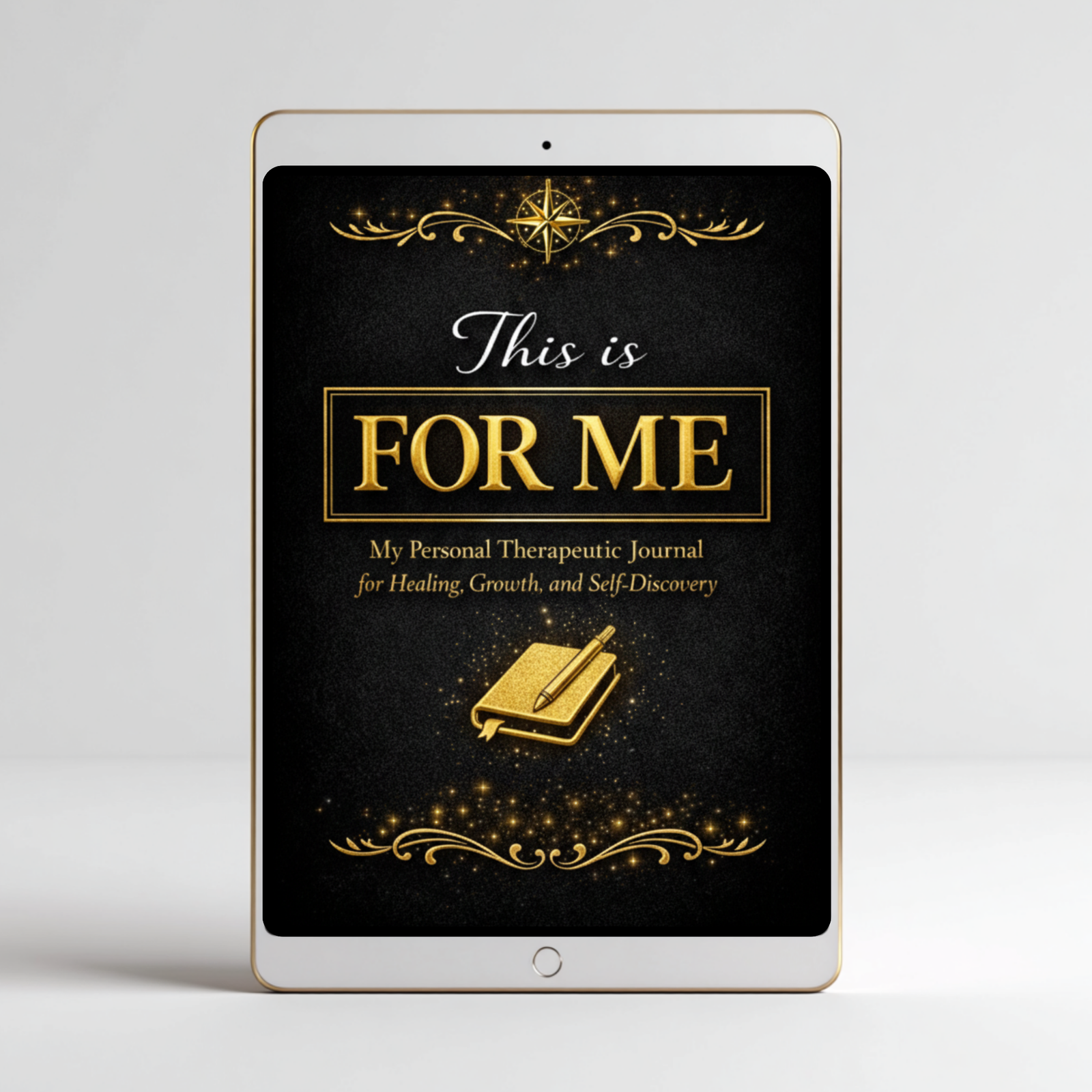 Digital mockup of a personal therapeutic journal on a tablet screen with decorative text and design.