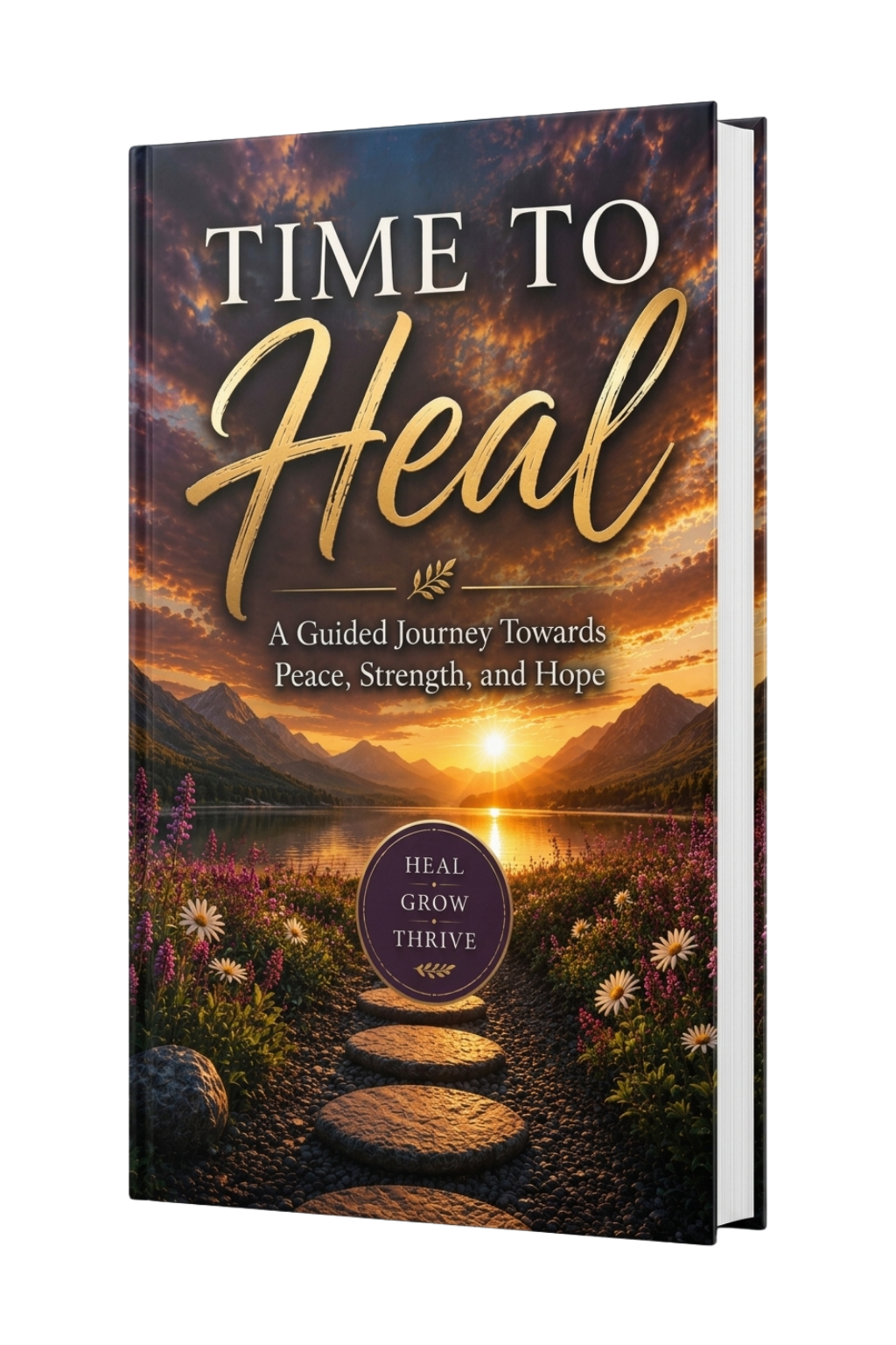A 3D mockup of a book titled 'TIME TO Heal: A Guided Journey Towards Peace, Strength, and Hope' on a clean white background. The cover features a scenic sunset over a mountain lake with a stone path leading through wildflowers, and a dark purple circular badge near the bottom.