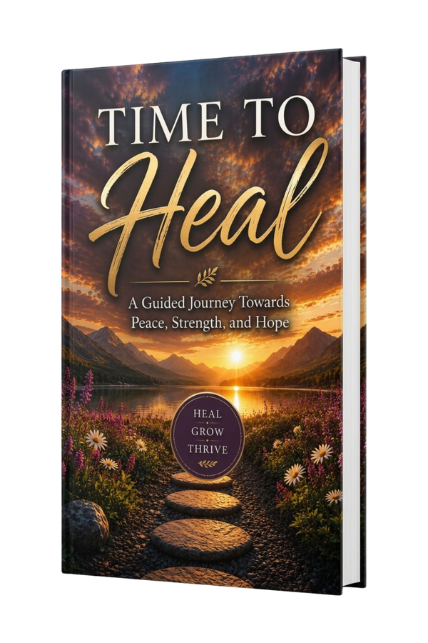 A 3D mockup of a book titled 'TIME TO Heal: A Guided Journey Towards Peace, Strength, and Hope' on a clean white background. The cover features a scenic sunset over a mountain lake with a stone path leading through wildflowers, and a dark purple circular badge near the bottom.