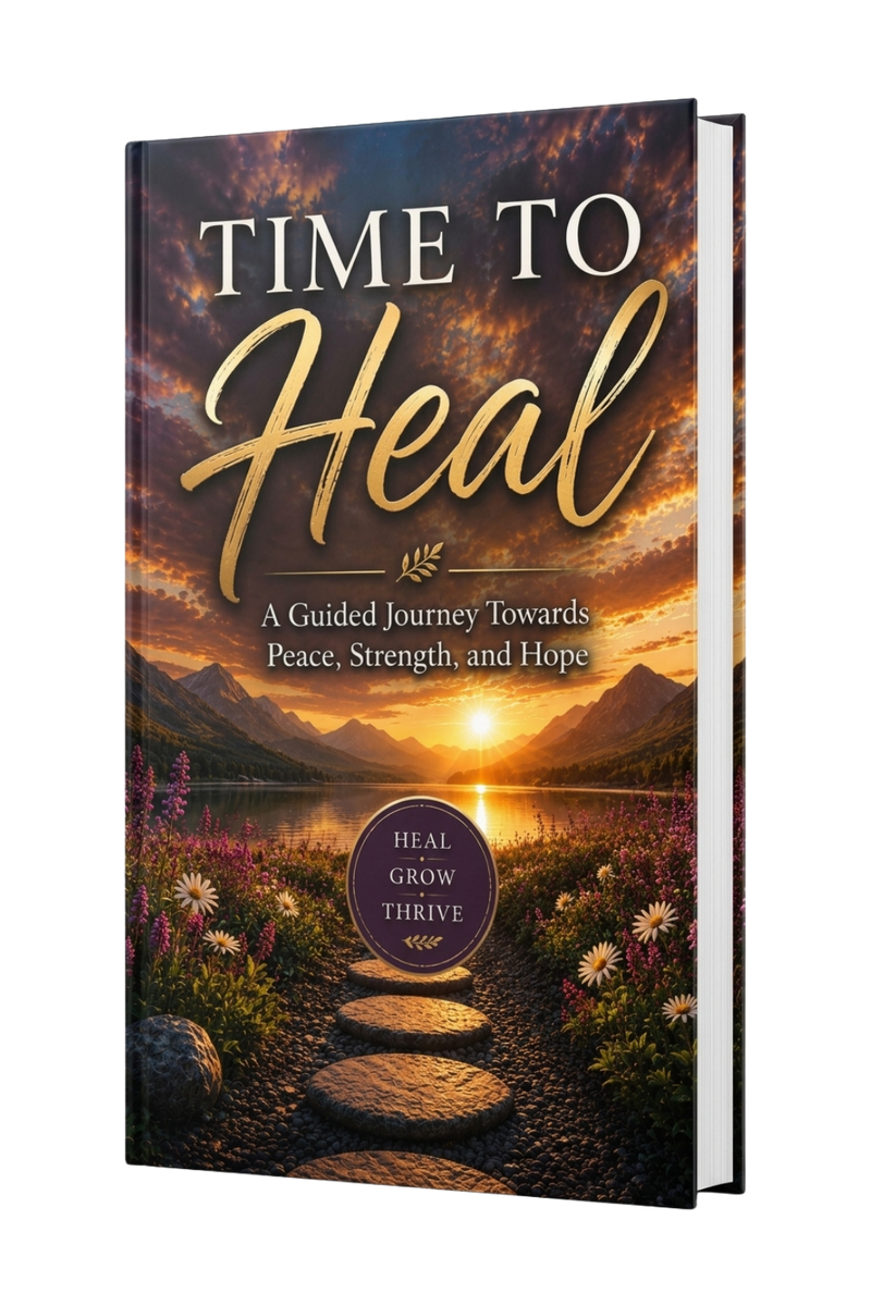 A 3D mockup of a book titled 'TIME TO Heal: A Guided Journey Towards Peace, Strength, and Hope' on a clean white background. The cover features a scenic sunset over a mountain lake with a stone path leading through wildflowers, and a dark purple circular badge near the bottom.