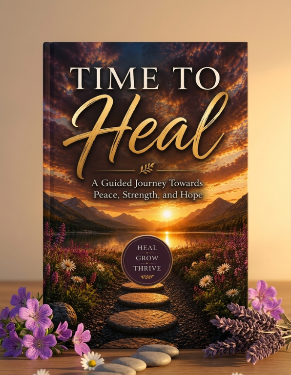 A book titled 'TIME TO Heal' stands upright on a wooden surface with purple flowers and stones around it. The cover shows a scenic sunset landscape with mountains, a lake, wildflowers, and a stone path.